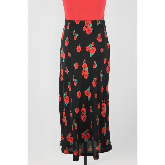 ZARA Black Rose Print Button Front A-Line Midi Slip Skirt, Size XS - Picture 4 of 14